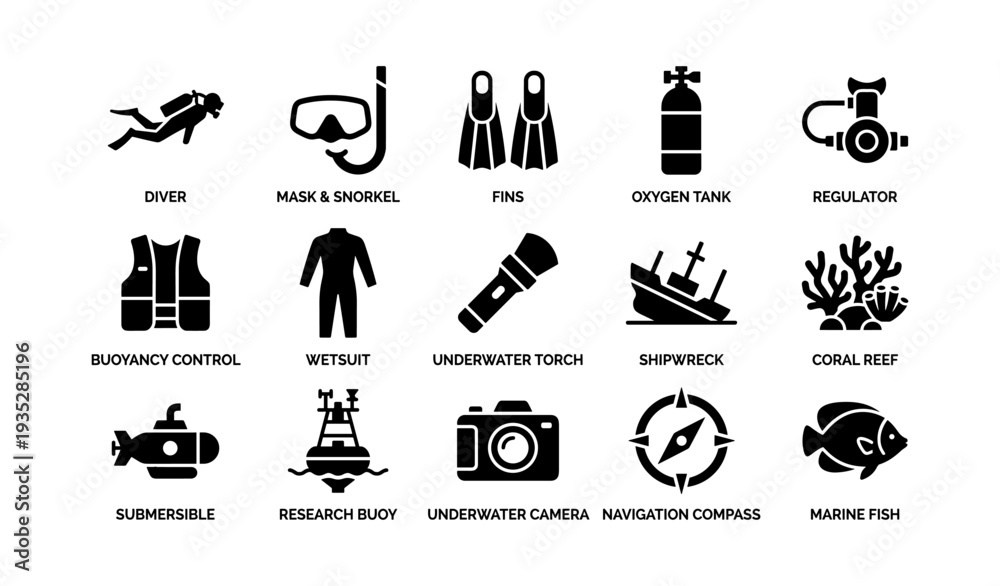 Fototapeta premium Diving equipment icons: diver, snorkel, fins, oxygen tank, regulator, shipwreck, fish