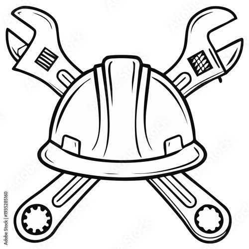 Crossed Adjustable Wrenches and Hard Hat Emblem Symbolizing Construction and Repair Services