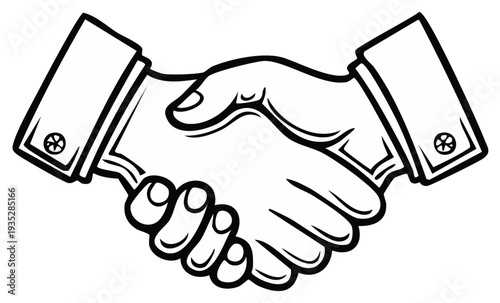 Illustration of Two Business Hands Forming a Handshake in Agreement and Partnership in Bold Outlines