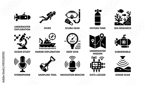 Icons of underwater exploration and marine research equipment
