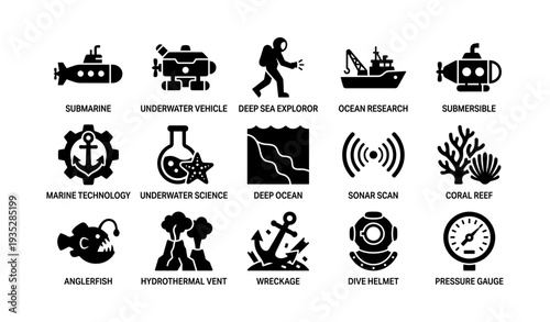 Submarine exploration icons featuring marine technology and underwater science