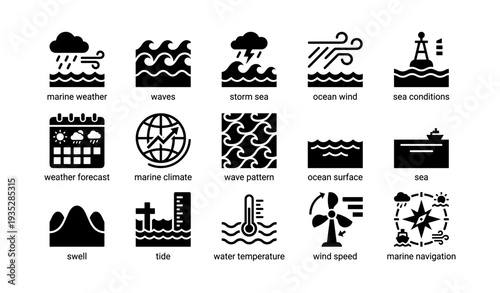 Marine weather icons: waves, storm, wind, ocean conditions, navigation