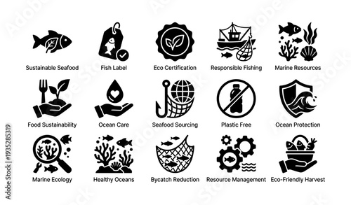 Sustainable seafood and ocean conservation icons for eco-friendly practices