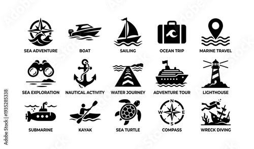 Nautical adventure icons: sea travel and exploration
