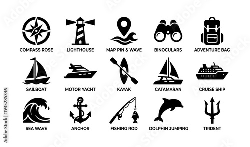Nautical icons collection: boats, marine tools, and symbols