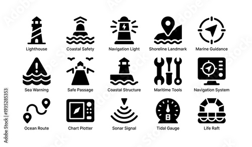 Maritime symbols: navigation, safety, tools, and guidance icons collection