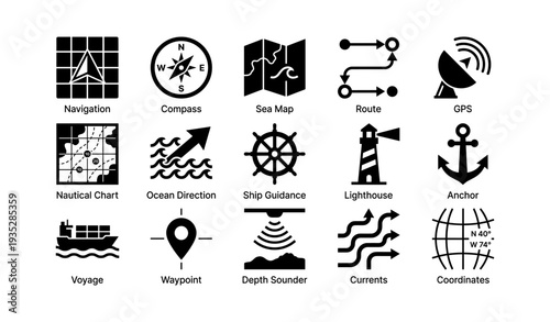 Navigation icons: compass, sea map, anchor, lighthouse, gps, nautical chart, coordinates