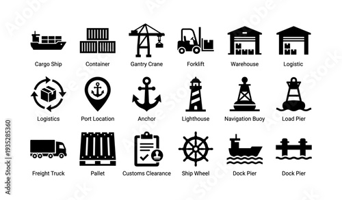 Maritime and logistics icons: ship, crane, anchor, truck, lighthouse, warehouse