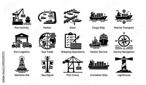 Maritime icons collection featuring ships, docks, and lighthouses