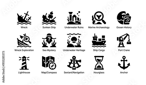 Collection of maritime exploration icons featuring shipwrecks and nautical symbols