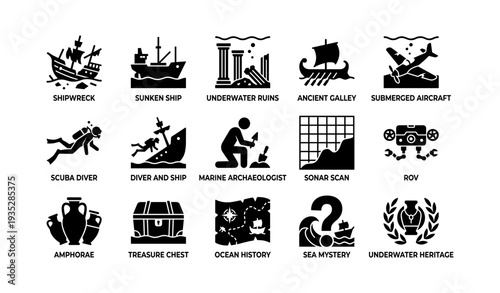Underwater exploration icons: shipwreck, ruins, marine archaeology, and treasure