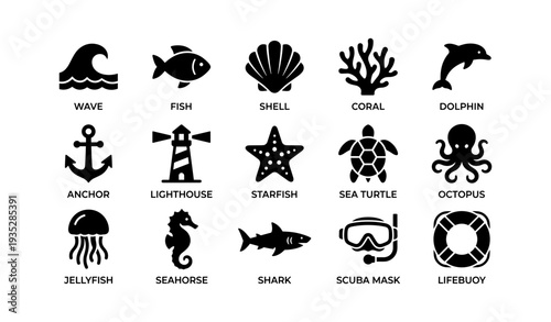 Set of ocean icons: sea life and nautical symbols in bold black silhouettes