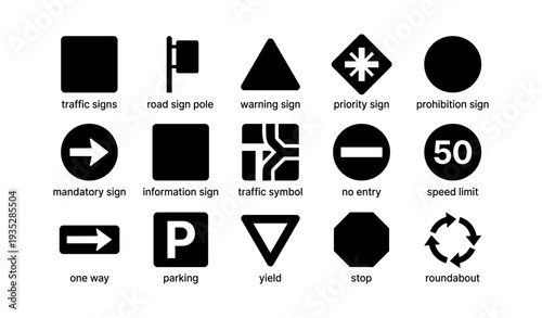 Set of various traffic signs and symbols for road safety awareness