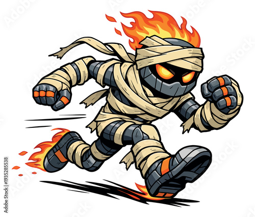 Cartoon illustration of a mummy character depicting a fiery running pose for gaming or fantasy themes