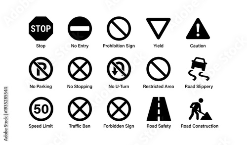 Set of traffic warning and prohibition signs with pictograms