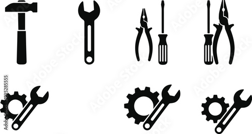 Set of construction and repair tool silhouettes including hammer, wrench, screwdriver, pliers and gear icons isolated on white background vector illustration