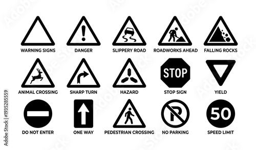 Various traffic signs including warning, stop, pedestrian, and speed limit