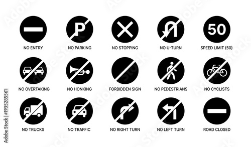 Set of traffic prohibition signs: no entry, no parking, speed limit, no u-turn