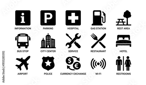 Set of 12 universal public service icons for travelers and commuters