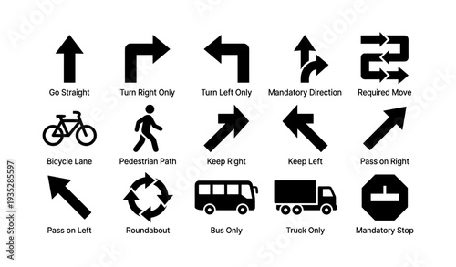Traffic sign icons: arrows, directions, vehicles, pedestrian, mandatory