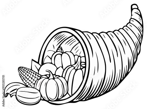 Cornucopia overflowing with pumpkins, corn, and gourds, line art illustration