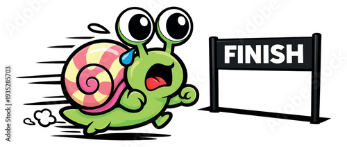 Funny cartoon illustration of a snail depicting a frantic sprint to the finish line for a competition