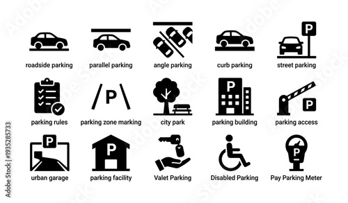Urban parking icons set: roadside, parallel, angle, curb, street, disabled access, valet options