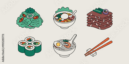 An Assortment of Popular Korean Dishes and Ingredients in a Stylized Illustration korean food