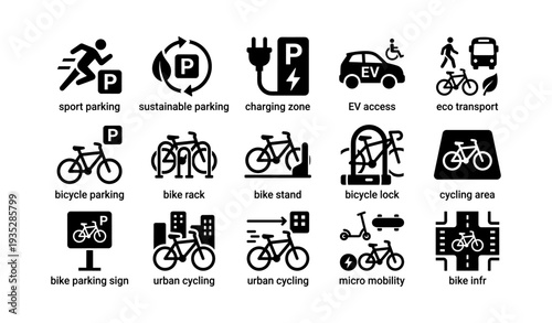 Diverse icons representing sustainable urban cycling and parking solutions