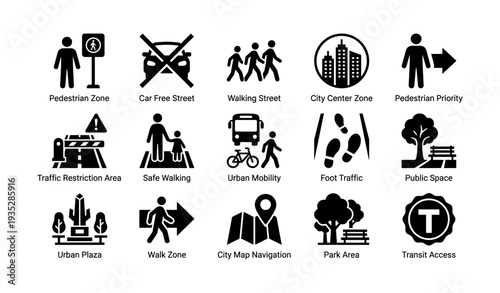 Urban icons representing pedestrian zones and city navigation