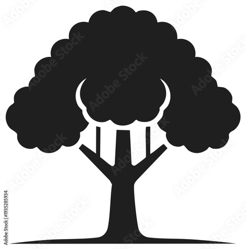 Silhouette of a broadleaf tree with lush foliage and a stout trunk in simple graphic style, an ecological symbol of nature