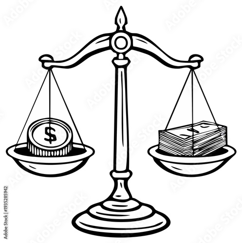 Money vs Wealth Scale Balance - Coin and Stack of Bills