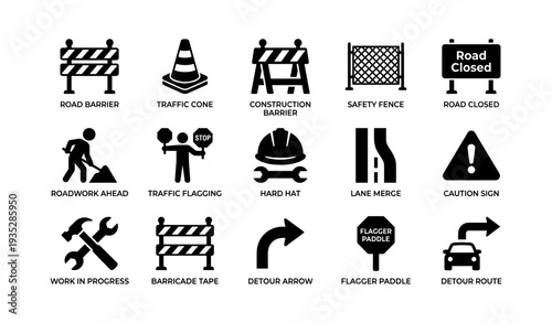 Road safety symbols set with barriers, traffic signs, and construction icons
