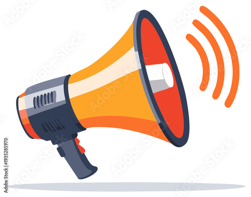 Vibrant orange and red megaphone bullhorn emitting sound waves symbolizing communication announcement and alert