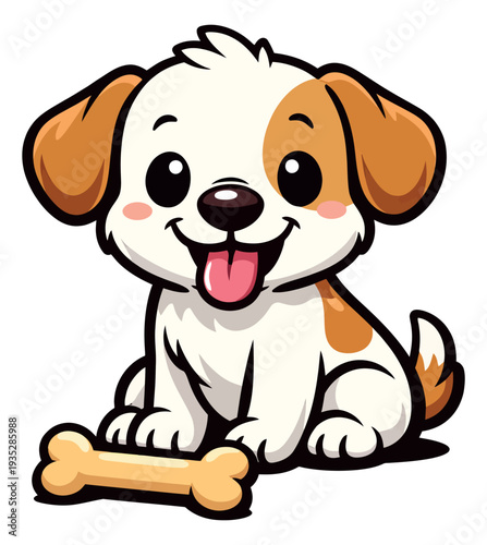 Cute cartoon illustration of a happy puppy sitting with a bone for pet themed designs