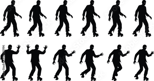 Collection of roller skater silhouette sequence showing man skating in dynamic motion poses isolated on white background, urban sport action concept illustration set