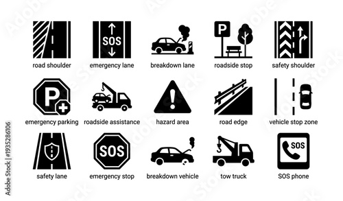 Road signs and symbols: emergency, safety, assistance, stop, hazard
