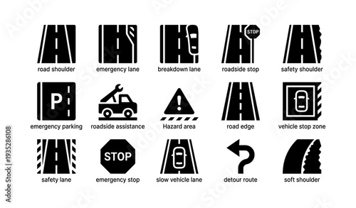 Road symbols: emergency lane, roadside stop, safety shoulder, hazard area, detour route