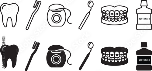 Dental and Oral Care Icons Set with Tooth, Toothbrush, Dental Floss, Mirror, Braces and Mouthwash Symbols