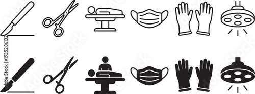 Surgery and Operation Icons Set with Scalpel, Scissors, Operation Table, Surgical Mask, Gloves and Surgical Light Symbols