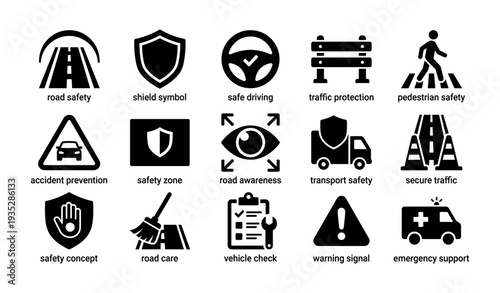 Road safety icons: traffic protection and warning symbols