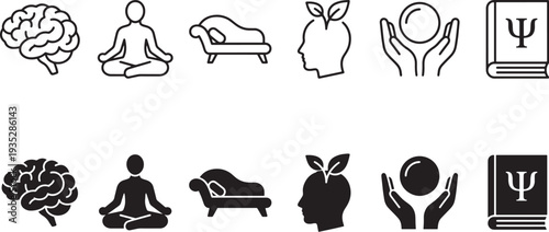 Mental Health and Psychology Icons Set with Brain, Meditation, Therapy Couch, Mind Growth, Care and Psychology Book Symbols
