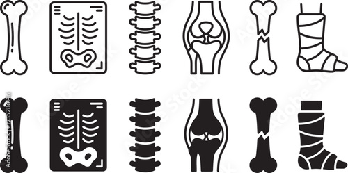Orthopedic and Bone Icons Set with X-Ray, Spine, Knee Joint, Bone Fracture and Cast Symbols
