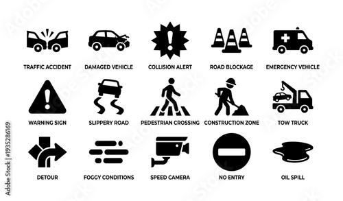Traffic and road safety icons for accident, construction, and emergency situations