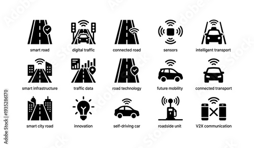 Smart transportation icons: connected roads, digital traffic, sensors, future mobility, innovation