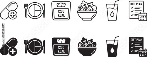 Diet and Healthy Eating Icons Set with Pill, Cutlery, Calorie Counter, Salad, Juice and Diet Plan Symbols