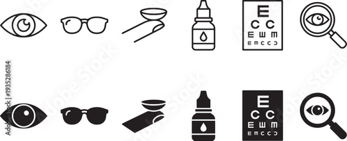 Eye Care and Vision Icons Set with Eye, Glasses, Contact Lens, Eye Drops, Vision Chart and Magnifier Symbols