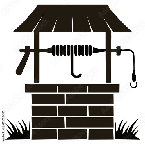 Illustration of a well with a roof, made of bricks, with grass at the bottom, in black.