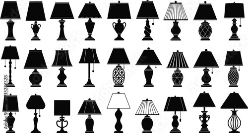 Table lamp silhouette collection, vintage and modern decorative lighting icons vector illustration isolated on white background set
