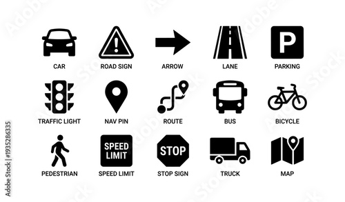 Transportation icons set: car, road sign, bus, bicycle, map